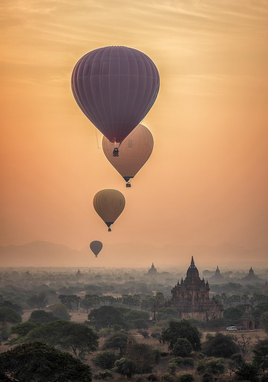hot air balloons, bagan, sunset, sunrise, nature, fog, temples, burma, myanmar, kingdom, ancient, asia, panorama, scenery, scenic, iphone wallpaper, phone wallpaper